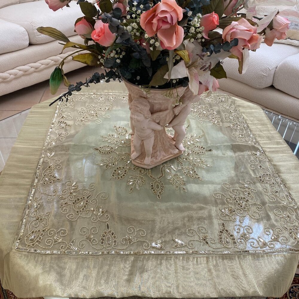 Gold Colored Table Runner / Overlay (Flowers & Cherub Vase Not Included)
